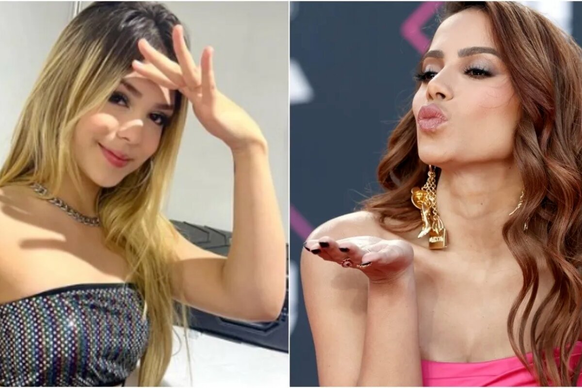 Melody com a mão na testa e Anitta mandando beijo