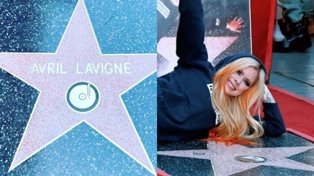 Avril Lavigne posando com sua estrela na Calçada da Fama