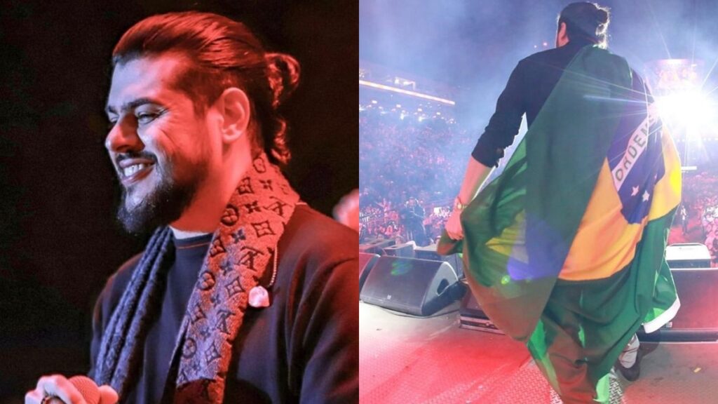 Cristiano compartilhou um clique em cima do palco com a bandeira do Brasil