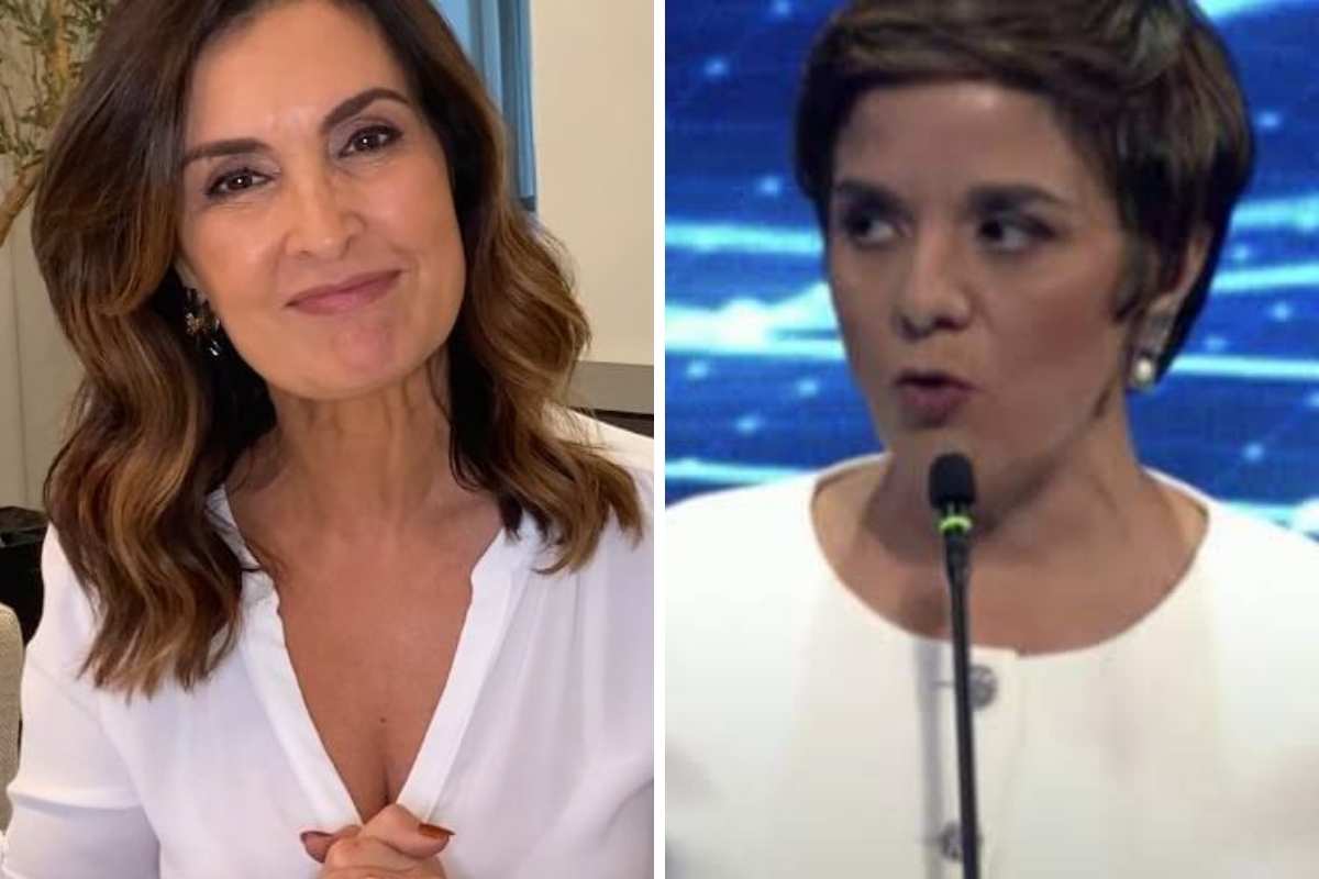 Fátima Bernardes posando para foto e Vera Magalhães em debate presidencial