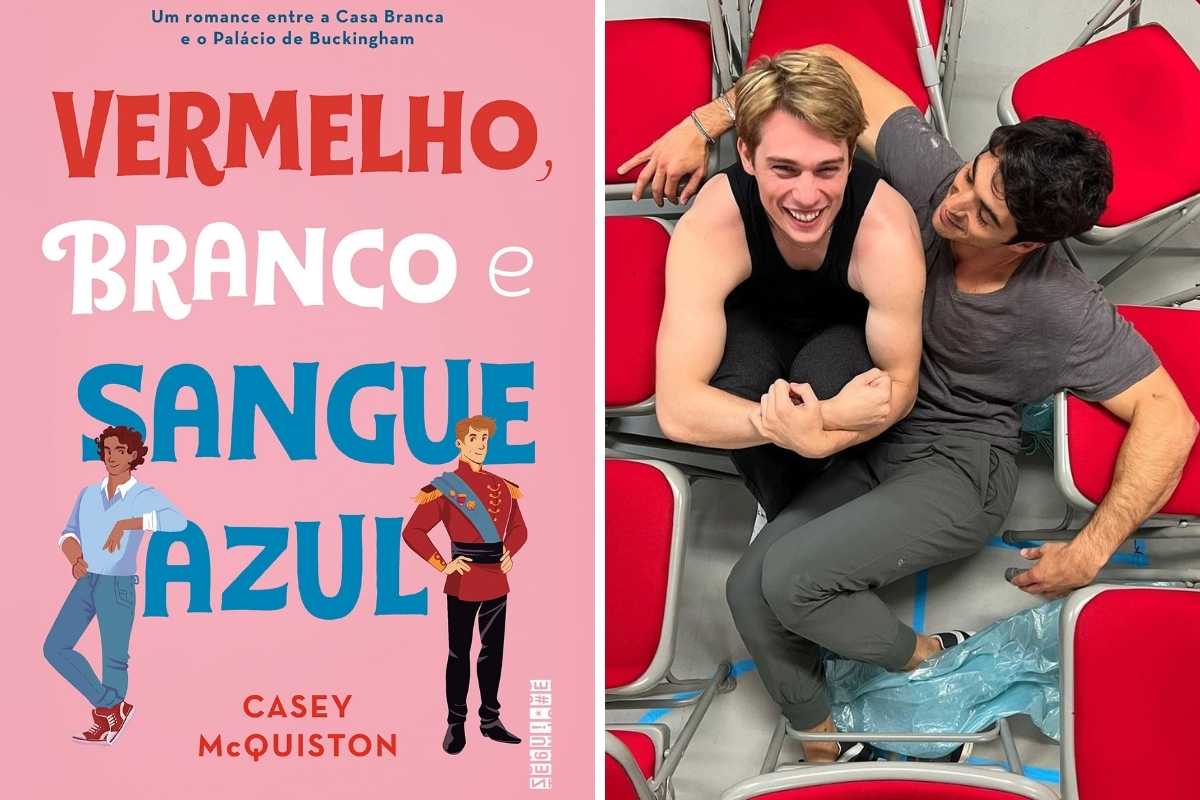 fotomontagem da capa do livro vermelho, branco e sangue azul e taylor zakhar perez e nicholas galitzine juntos com cadeiras envolta