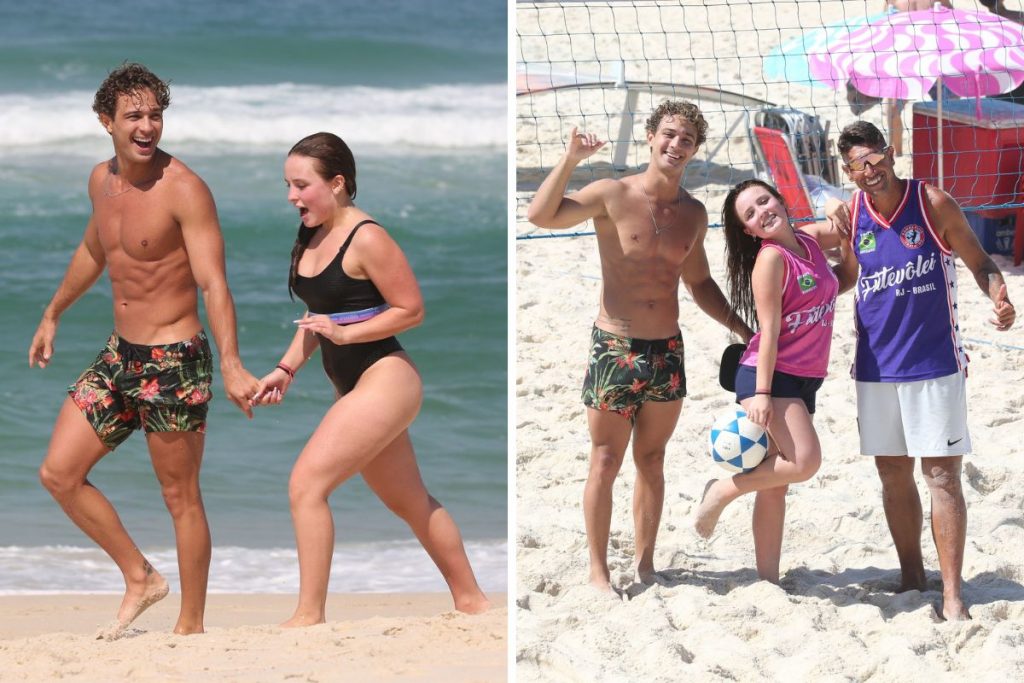 André Luiz Frambach e Larissa Manoela na praia da Barra da Tijuca