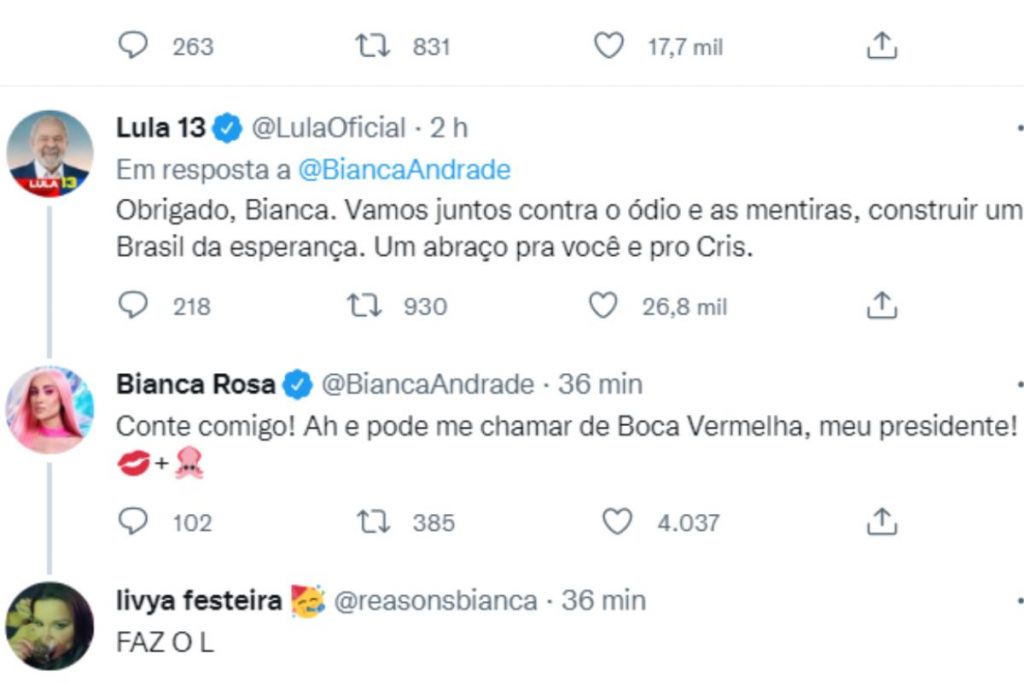 lula agradecendo voto de bianca andrade/boca rosa no twitter