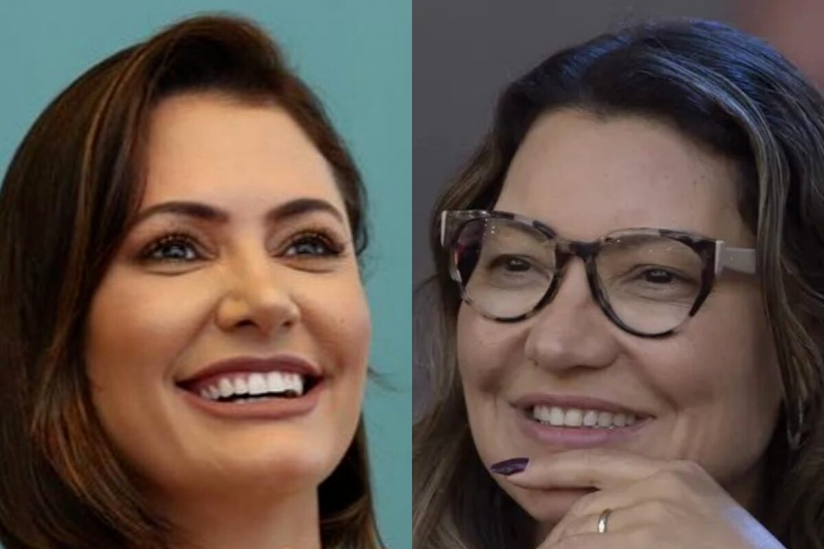 Michelle Bolsonaro e Janja Lila da Silva com a mão no queixo- Retrato