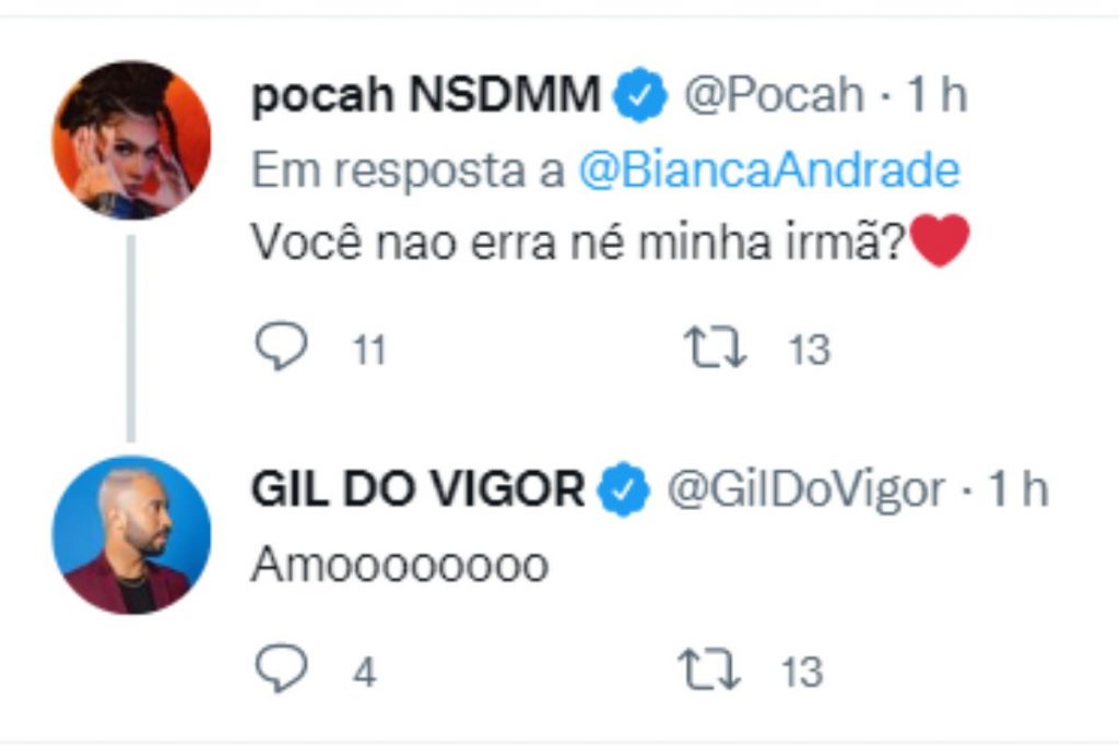 pocah e gil do vigor comemorando voto de bianca andrade/boca rosa em lula no twitter