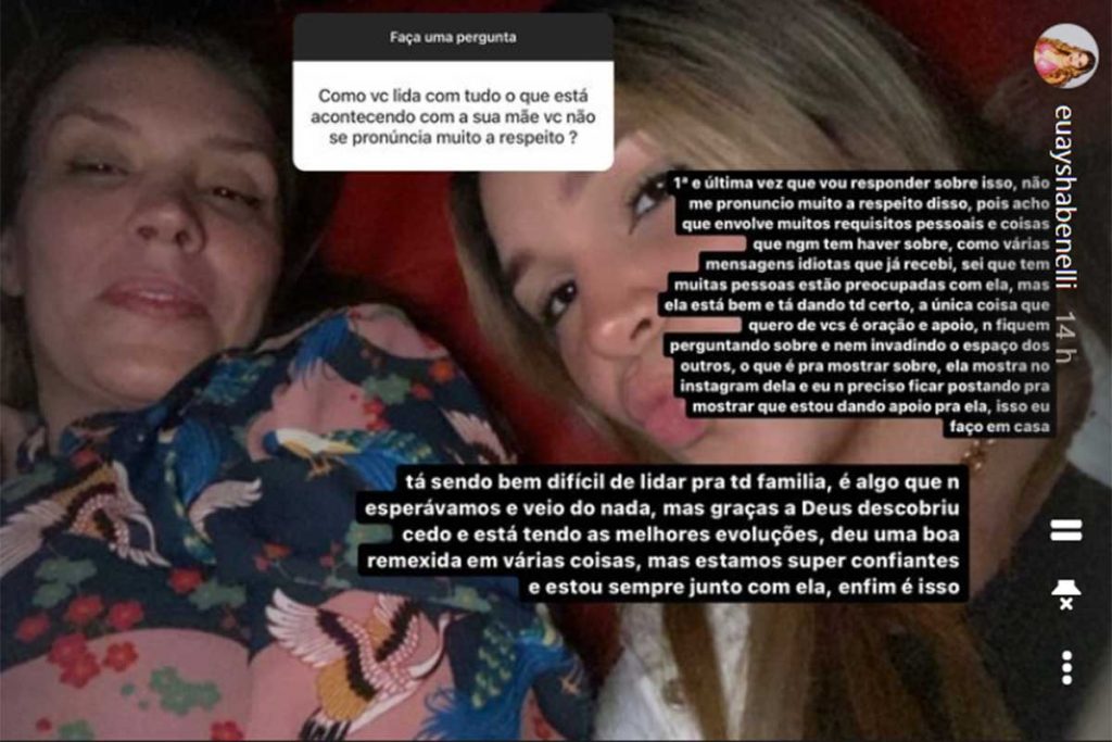 Post de Aysha, sobre não comentar a doença da mãe, Simony