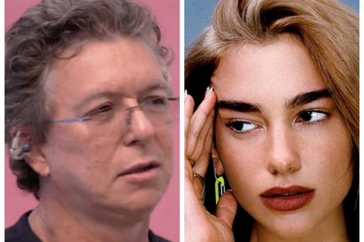 Retrato Boninho - Dua Lipa com a mão na cabeça, olhando para lado