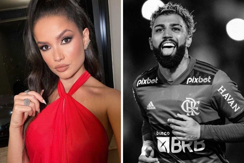 fotomontagem de juliete freire em selfie e gabigol em campo em foto preta e branca