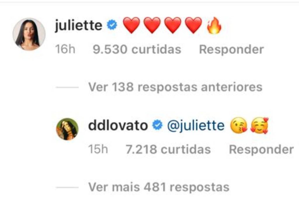 Juliette e Demi Lovato interagindo nos comentários do Instagram