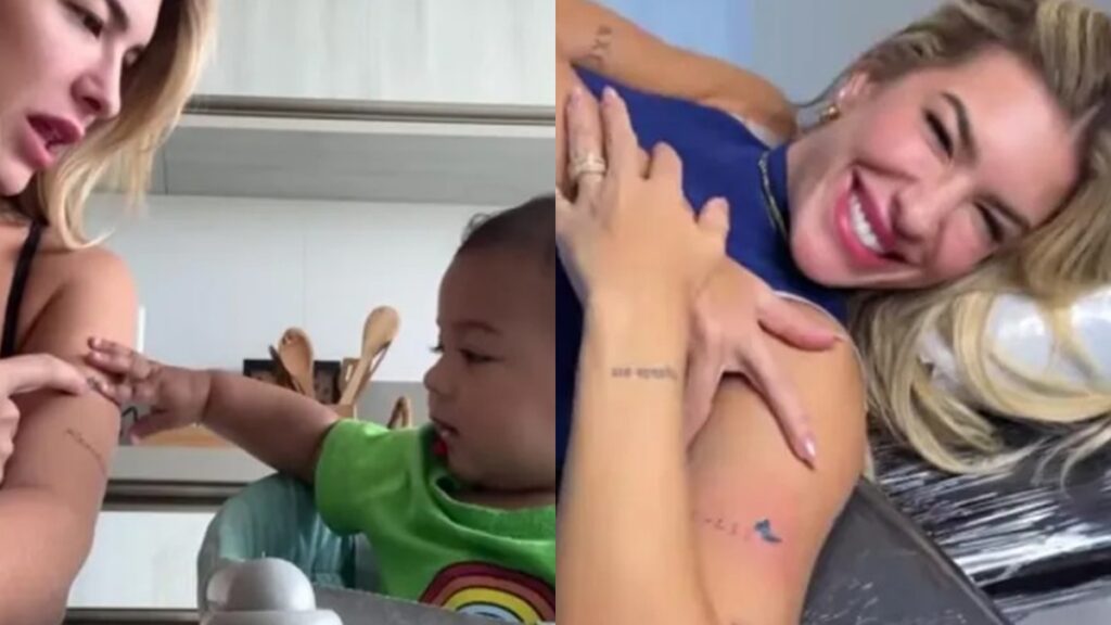 Lore Improta mostrando a tatuagem para a filha