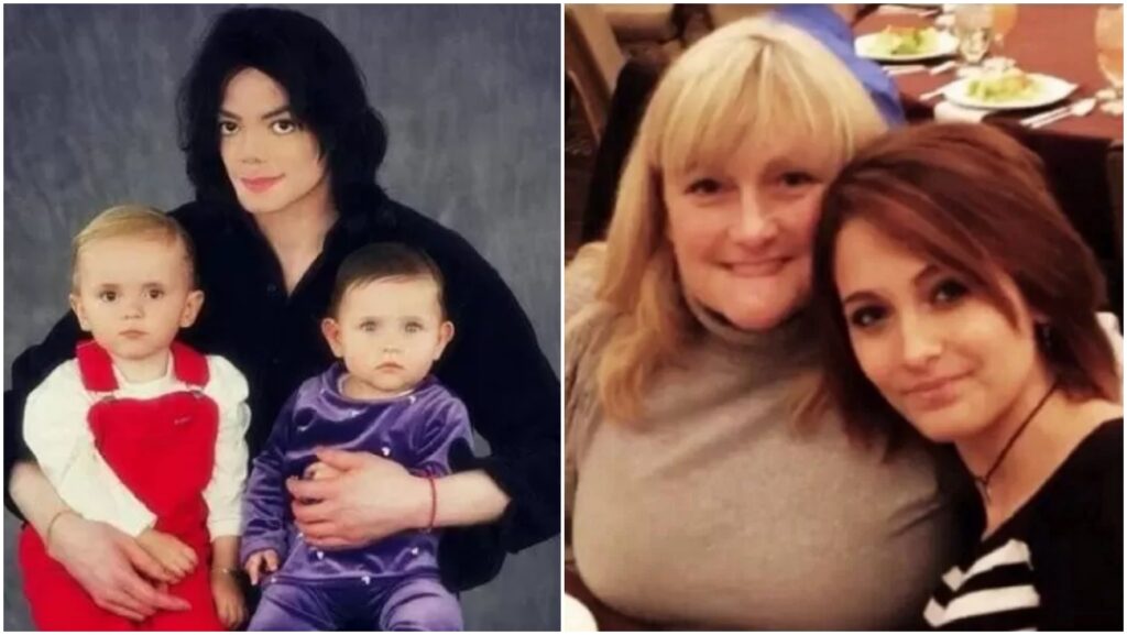 Michael Jackson com os filhos Prince e Paris, e Debbie Rowe ao lado de Paris já adulta