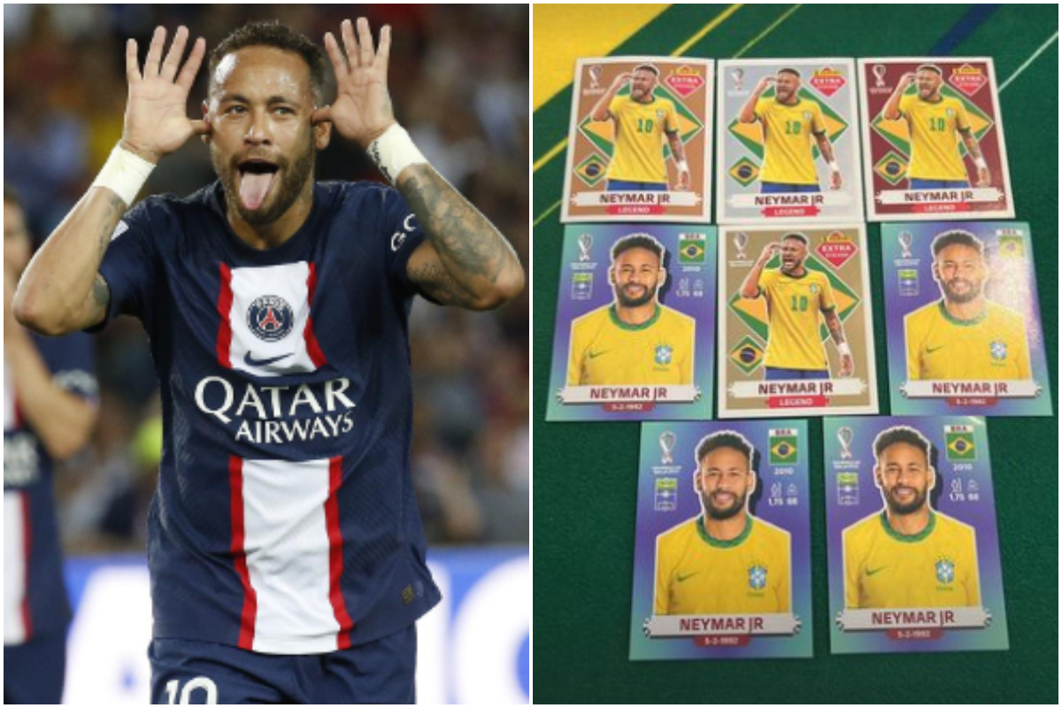 neymar mostra figurinhas da copa do mundo