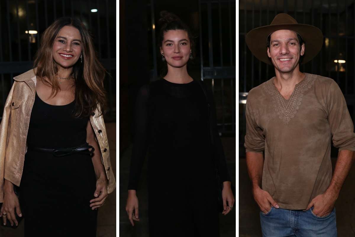 Dira Paes, Alanis Guillen e Guito posando para foto em reunião do elenco de "Pantanal"