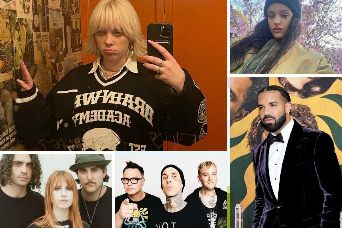 fotomontagem de billie eilish, rosalia, paramore, blink-182 e drake