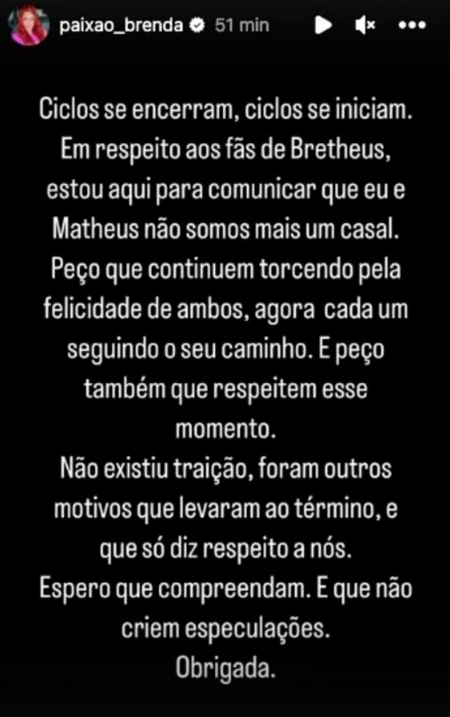 postagem sobre separação do casal Brenda e Matheus