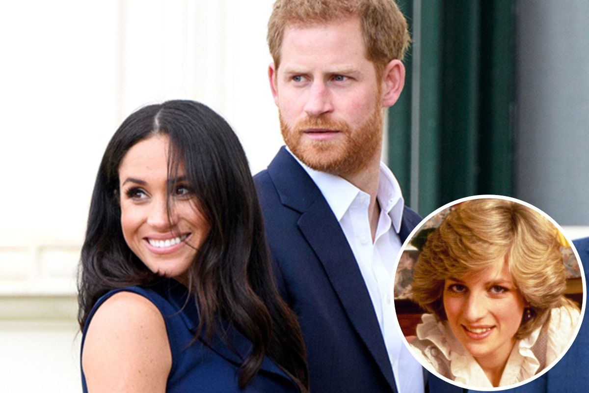 Príncipe Harry e Meghan Markle em foto montagem com Diana