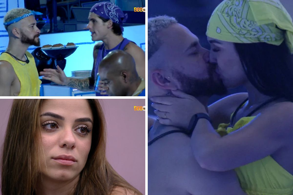 Fred conversando com Gabriel; Key observando; Fred e Larissa se beijando