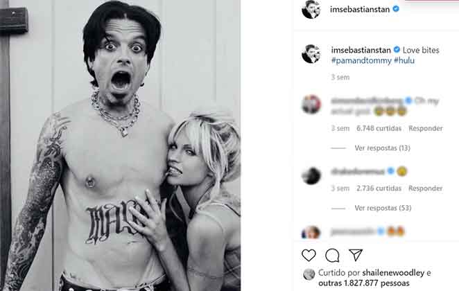 Lily James e Sebastian Stan em cenas de série que retrata relacionamento de Pamela Anderson e Tommy Lee