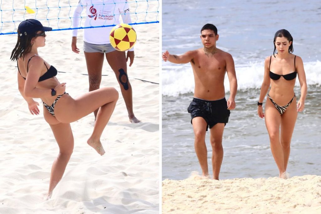 Jade Picon jogando futevôlei e com amigo na praia