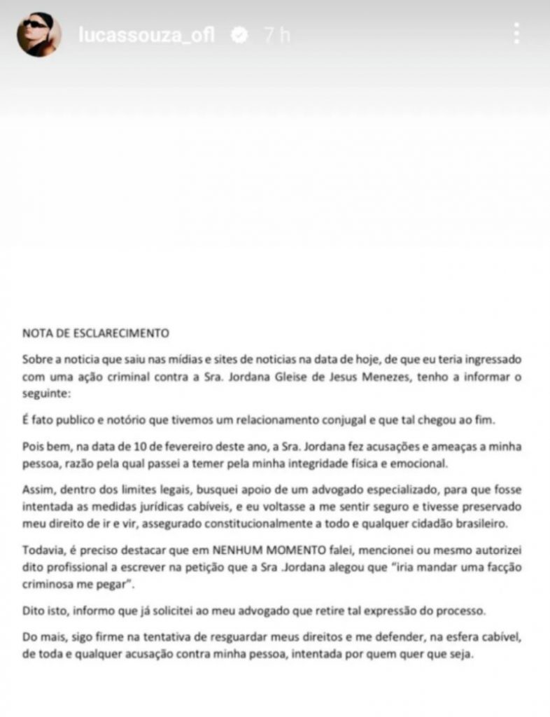 Postagem nota oficial de Lucas Souza