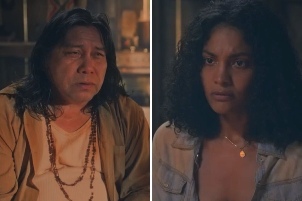 Jurecê (Daniel Munduruku) e Aline (Barbara Reis) em Terra e Paixão