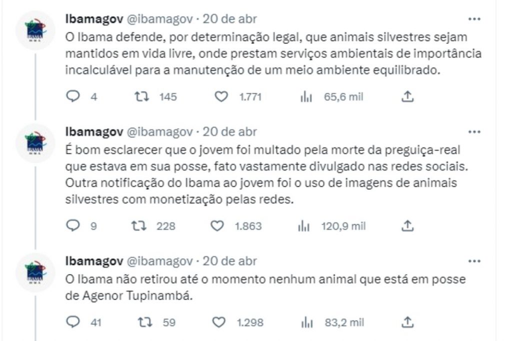 Tuites do ibama sobre caso agenor e capivara filó