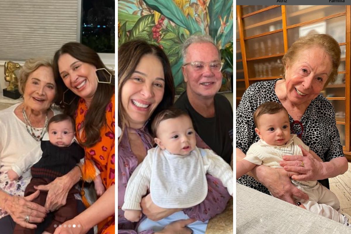 Luca e Claudia Raia em fotos com Aracy Balabanian, Luiz Fernando Guimarães com sua família e Glória Menezes