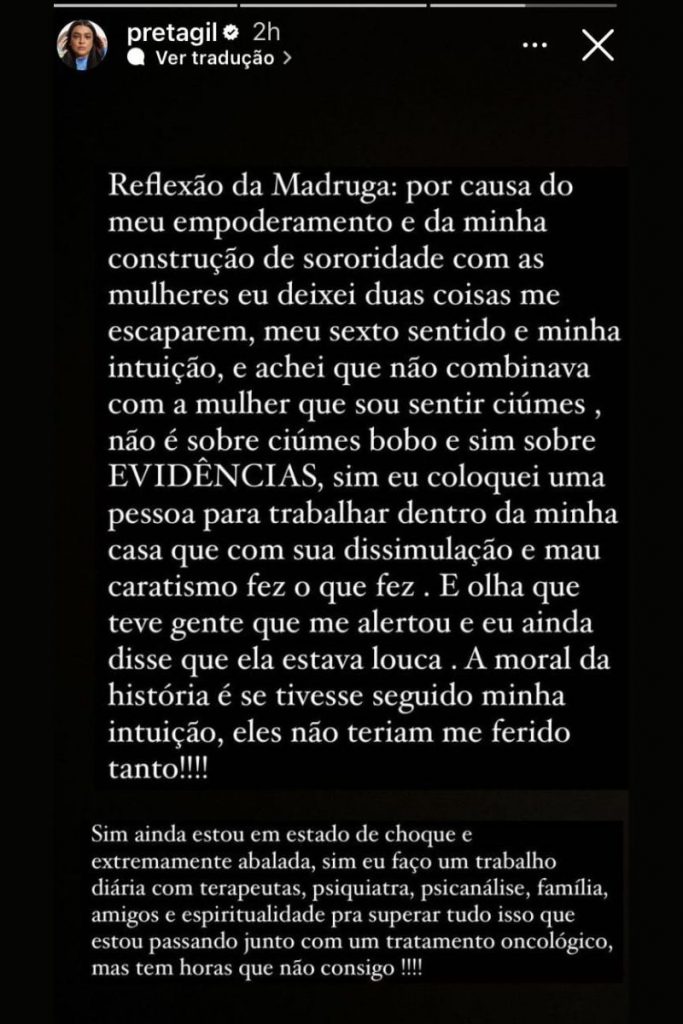 Texto de desabafo de Preta Gil sobre traição