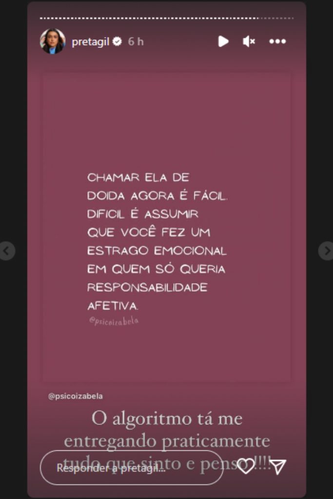 Stories de Preta Gil mandando indireta a Rodrigo Godoy no Instagram