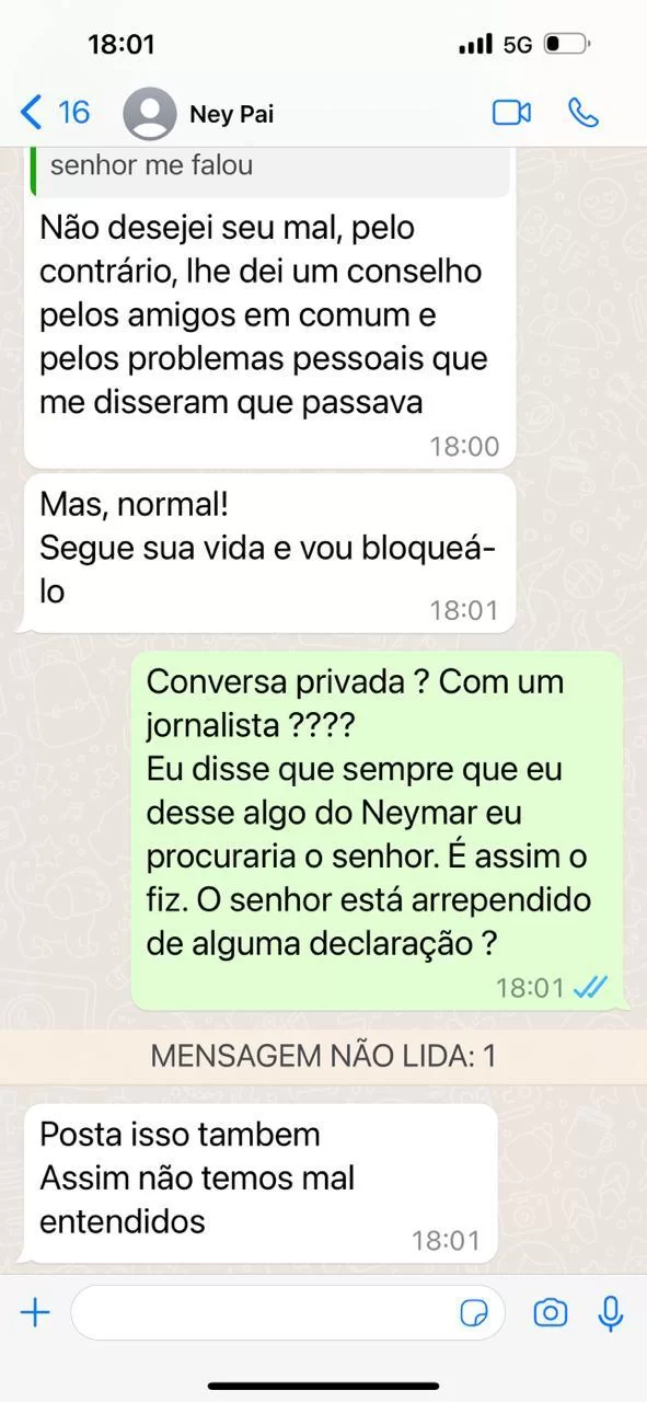 Conversa de Leo Dias e Neymar Pai sobre flagra em Neymar Jr. na balada. (Foto: Reprodução/Leodias) Lorena Bueri