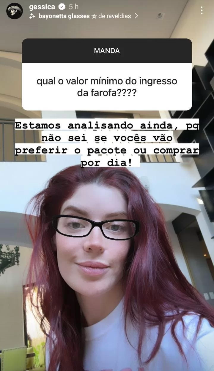 Gkay afirma que haverá comercialização de ingressos na Farofa deste ano (Foto: reprodução/Instagram/@gessica) Lorena Bueri